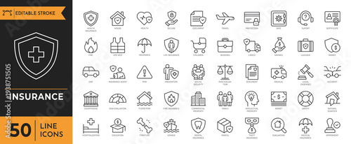 A collection of 50 line icons representing various insurance related concepts and objects.