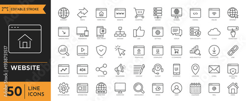 A collection of 50 line icons depicting various website and technology symbols.