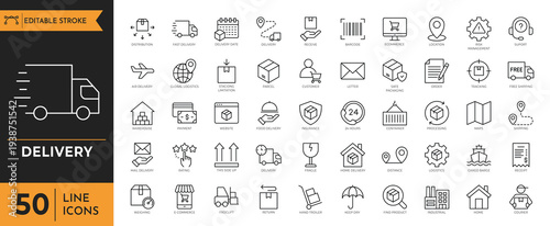 A delivery truck icon set with various transportation and logistics symbols on a white background