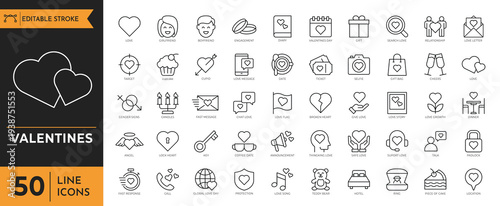 A collection of Valentine's Day themed line icons depicting love, gifts, and relationships on a digital platform.