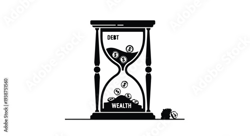 Wealth and debt concept with hourglass and coins