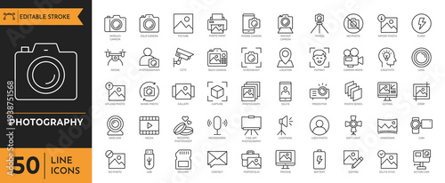 A collection of various line icons depicting photography and digital media symbols on a white background.