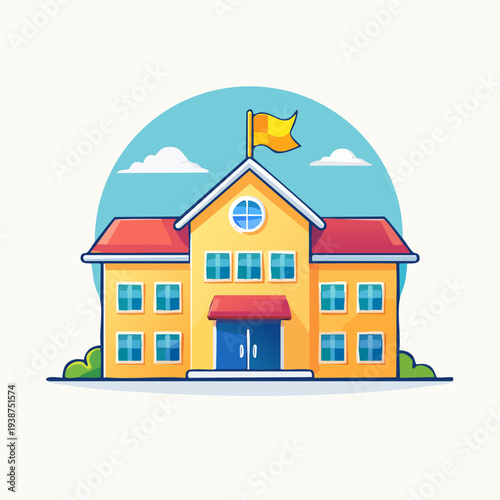 Illustration of a School Building with Flag and Blue Sky.