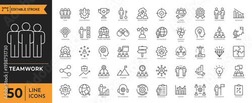 A collection of various line icons depicting teamwork and business concepts.