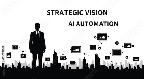 Businessman standing in front of city skyline with AI automation concept