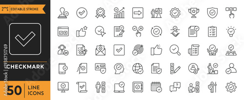 A collection of various business and technology icons featuring checkmarks and other symbols on a white background with illustrations.