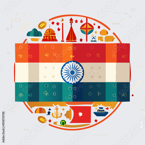 Indian Flag with Cultural Symbols and Icons.