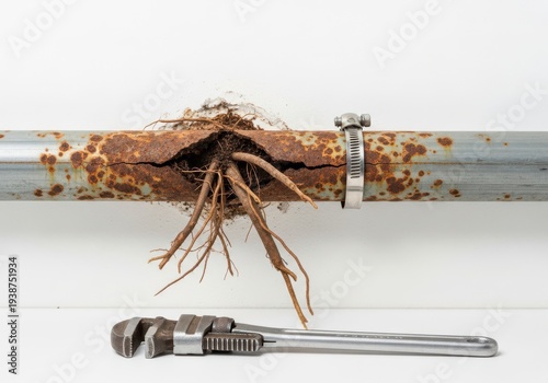 A close-up of a rusty pipe with roots growing out of it