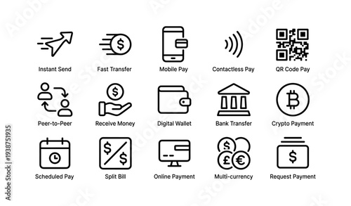 Digital payment icons: mobile, contactless, crypto, peer-to-peer, qr code