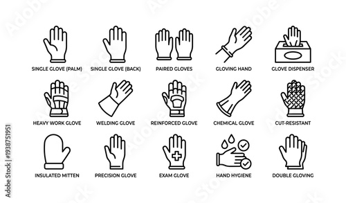 Different types of gloves icons for safety and hygiene