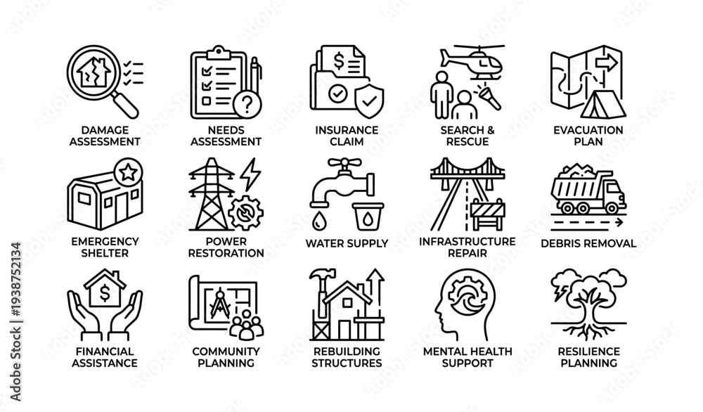 Obraz premium Emergency recovery and community resilience icons set