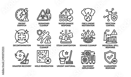 Emergency response icons for various disaster and restoration services