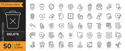 A digital illustration of various icons and symbols surrounding a trash can with a delete sign on it.