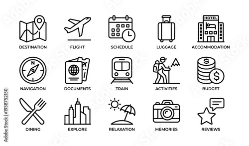 Travel icons: destination, flight, itinerary, packing, accommodation options