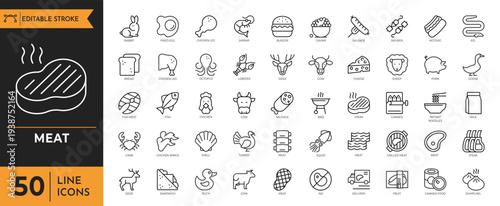 A collection of food icons showcasing various meat and dish line illustrations.