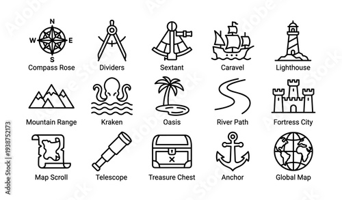 Nautical and exploration icons featuring compass, telescope, and treasure chest