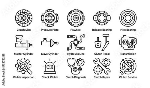 Icons of clutch components and maintenance tools for vehicle systems