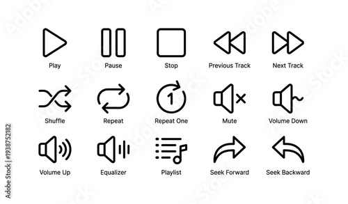 Music player control icons: play, pause, stop, shuffle, repeat, mute, volume, equalizer, playlist