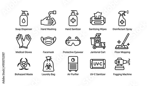 Hygiene and sanitation icons featuring soap, masks, sanitizers, and cleaning equipment