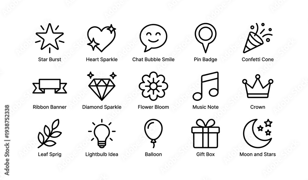 Fototapeta premium Minimalist icon set featuring heart, star, flower, music note, diamond, crown, gift, and more