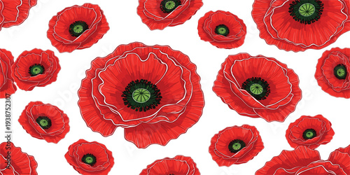 Red Poppy Flower Seamless Pattern with Hand Drawn Floral Elements for Fabric, Wallpaper, Textile, Wrapping Paper and Surface Design