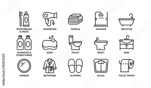 Bathroom essentials: icon set featuring shower, bathtub, sink, and more