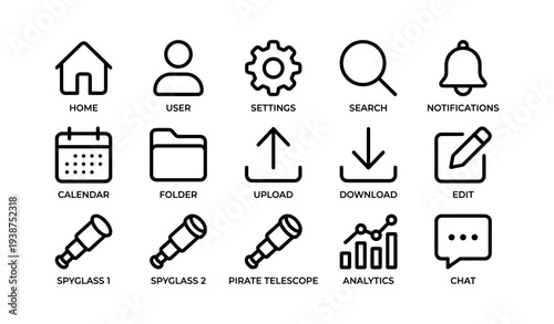 Basic line icons: home, user, settings, search, notifications, calendar, upload, download, edit