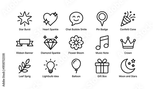 Minimalist icon set featuring heart, star, flower, music note, diamond, crown, gift, and more