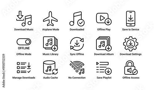 Music and download icons: offline, airplane mode, sync, and more