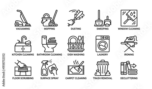 Household chore icons: vacuuming, mopping, dusting, sweeping, window cleaning