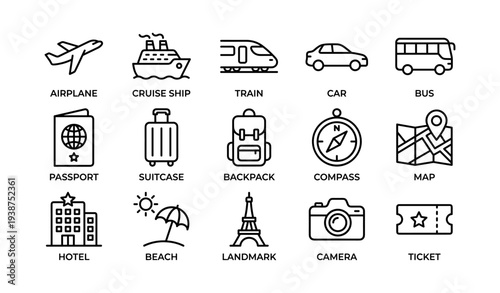 Travel icons: airplane, cruise ship, train, car, bus, and more