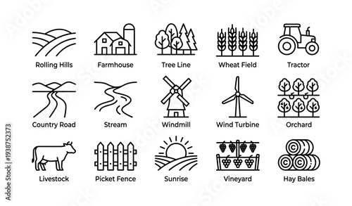 Icon set: farm landscape elements including farmhouse, windmill, tractor, and crops