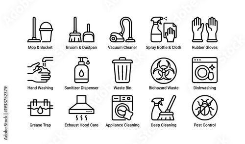 Cleaning tools and safety icons: mop, broom, vacuum, spray, gloves, sanitizer, waste disposal
