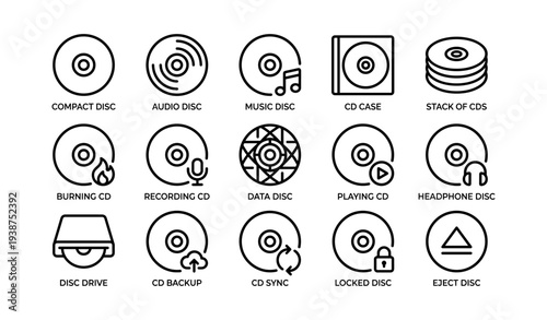 Collection of cd icons: compact, audio, music, data, backup, and playback symbols