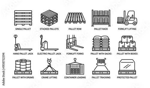 Warehouse equipment icons: pallets, forklifts, jacks, racks, crates, containers