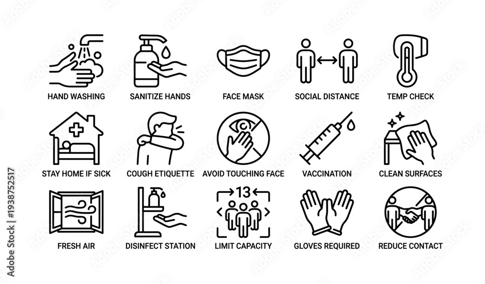 Fototapeta premium Health safety icons: hand washing, sanitizing, social distancing, vaccination, hygiene measures