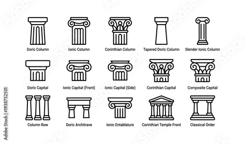 Classical greek and roman architectural columns and capitals