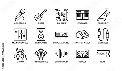 Set of music equipment icons featuring instruments and sound gear