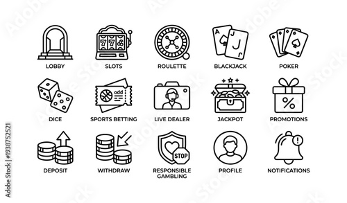 Casino icons set: slots, roulette, blackjack, poker, dice, sports betting, jackpot
