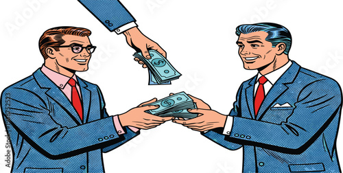 Retro Businessmen Exchanging Cash in Vintage Pop Art Comic Style Illustration Depicting Payment, Deal, Investment or Financial Transaction Concept