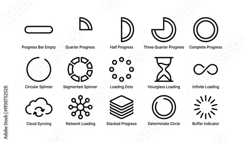 Loading icons collection: progress bars, spinners, indicators for digital interfaces
