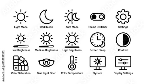 Light and display settings icons set: sun, moon, brightness, temperature, contrast