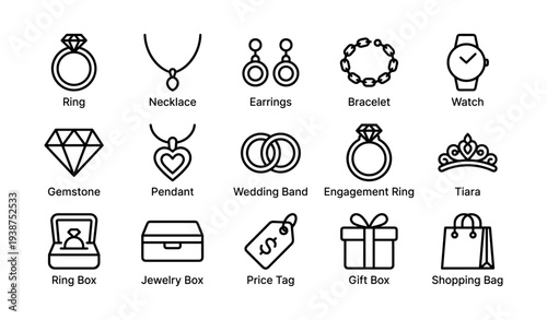 Jewelry icons set featuring rings, necklaces, earrings, and more