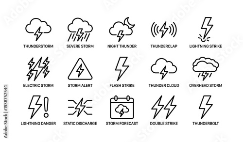 Weather icons: thunderstorm, lightning strike, storm alert, forecast symbols