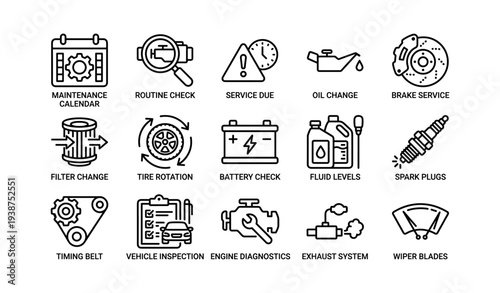 Car maintenance icons: routine check, oil change, brake service, tire rotation, battery check