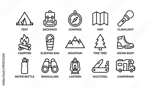 Outdoor adventure icons set: camping essentials and travel gear