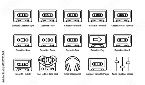 Retro audio icons: cassette tapes, reel-to-reel, headphones, equalizer