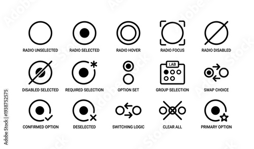 Radio button icons: selection states and interactive indicators