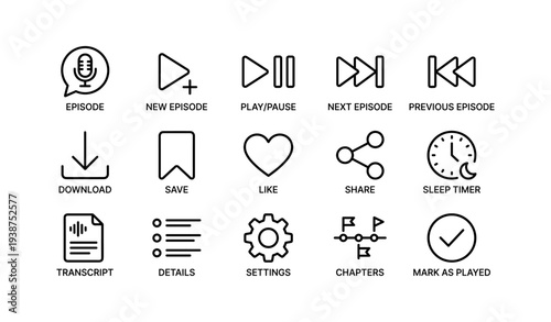 Podcast icons: playback controls, download, save, share, settings, timer, transcript, chapters