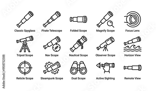 Collection of telescopes and scopes icons featuring steampunk and nautical designs